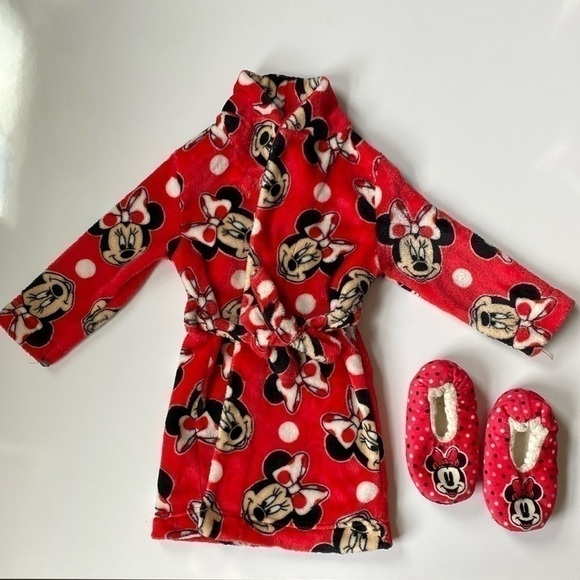 Disney Minnie Mouse fleece robe slippers plush toy toddler girl 2T-3T red - Picture 3 of 17